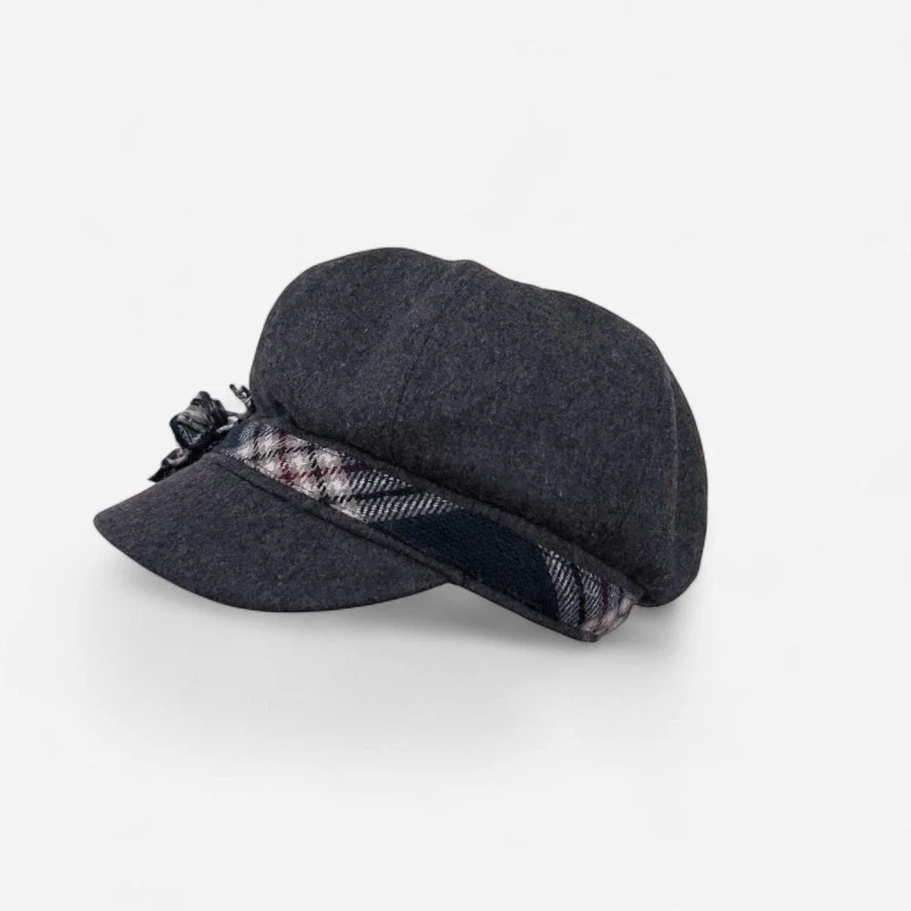 Y2K Wool Baker Boy Newsboy Hat with Rosette Flower